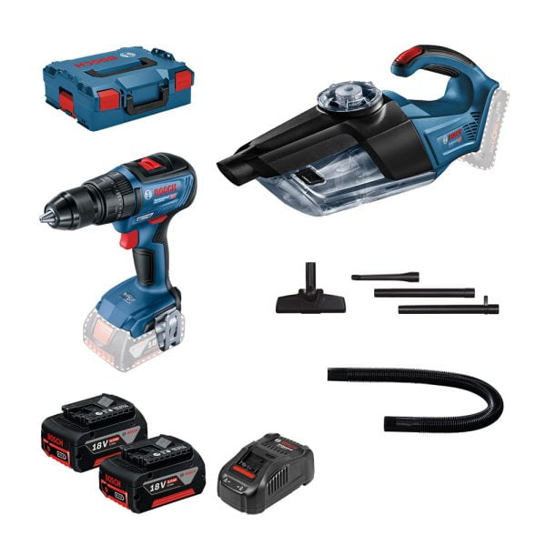 Bosch GSB 18V-50 Masina de gaurit cu percutie brushless cu 2 acumulatori Li-Ion, 5Ah, 50Nm + Valiza + GAS 18V-1 (solo) Aspirator 18V